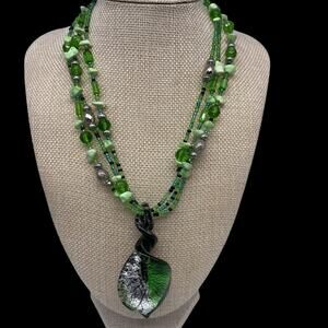 Lovely Green Art Glass Pendant Seed Bead Necklace 18" Adjustable Jewelry